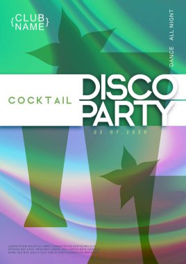 Kokteyl, modern disko partisi posteri. Soyut holografik arkaplanda kokteyl silueti.