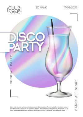 Holografik sıvı geçmişi olan modern disko kokteyl partisi posteri. Vektör illüstrasyonu