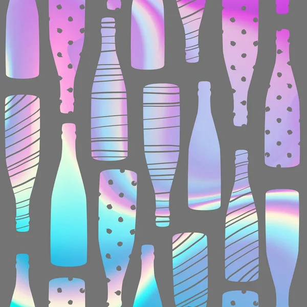 Holografisch Naadloos Patroon Met Champagneflessen Holografische Achtergrond Cadeauverpakking Muur Art — Stockvector