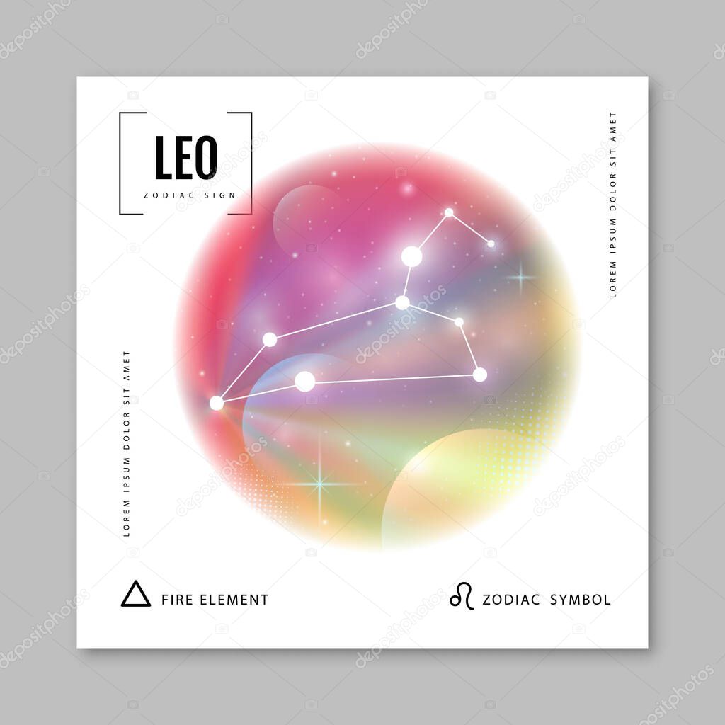 Modern magic witchcraft card with astrology Leo zodiac constellation on holographic flow background