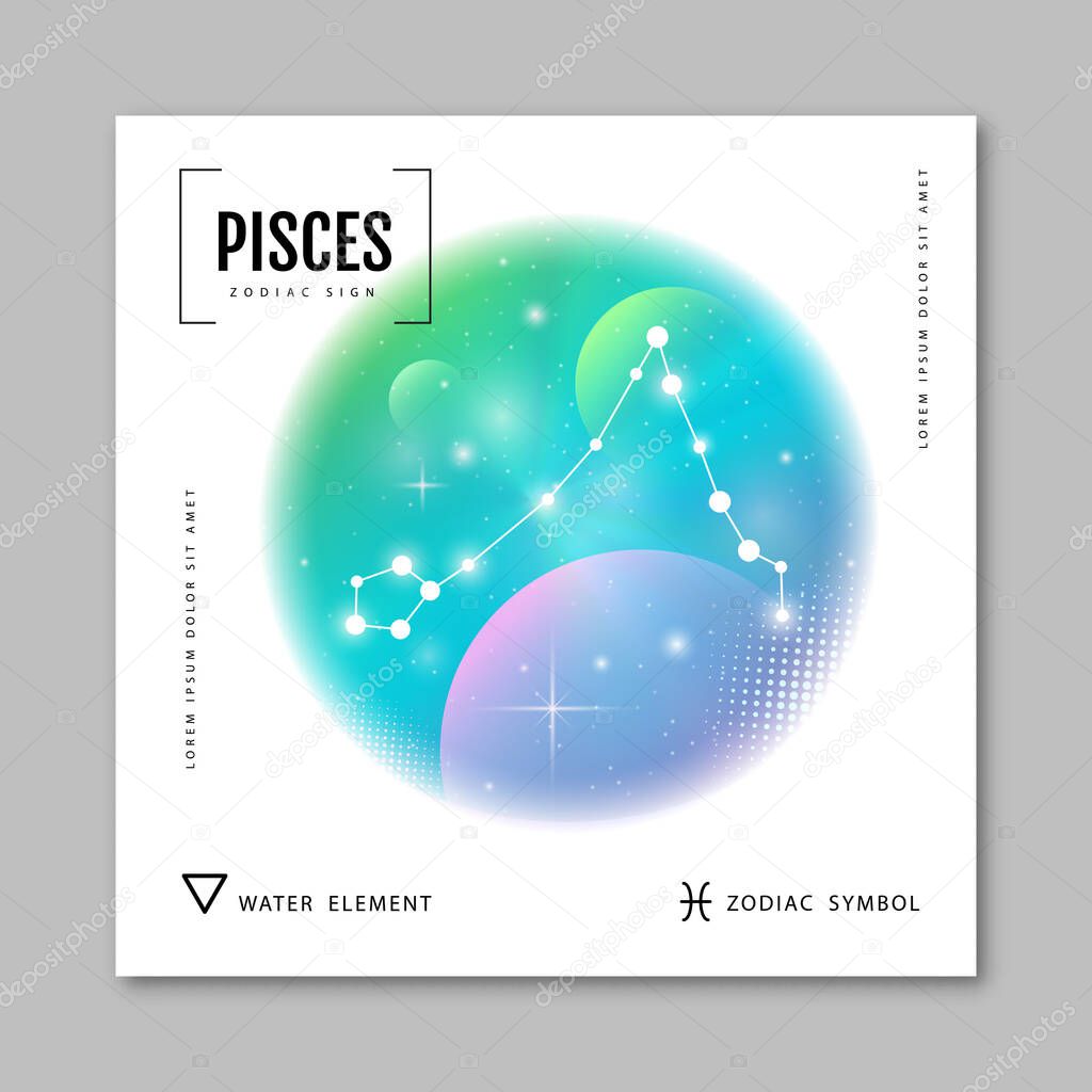 Modern magic witchcraft card with astrology Pisces zodiac constellation on holographic flow background