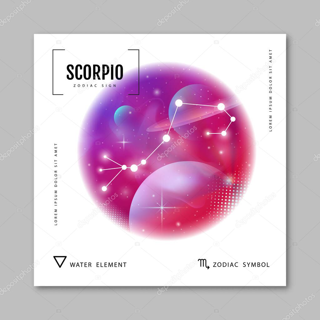 Modern magic witchcraft card with astrology Scorpio zodiac constellation on holographic flow background