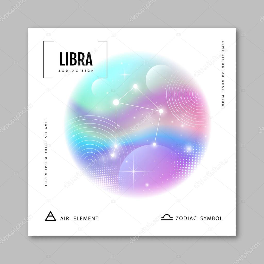 Modern magic witchcraft card with astrology Libra zodiac constellation on holographic flow background