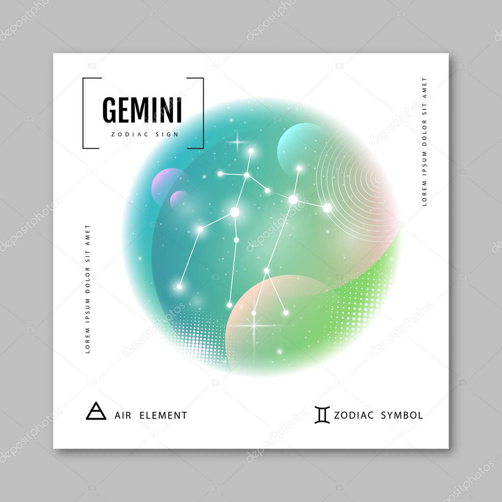 Modern magic witchcraft card with astrology Gemini zodiac constellation on holographic flow background