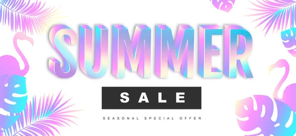 Summer Sale Poster Holographic Text Tropic Leaves Flamingo Vector Illustration — Stock Vector