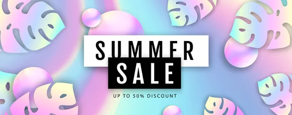 Summer Sale Poster Holographic Tropic Leaves Holographic Background Vector Illustration — Archivo Imágenes Vectoriales