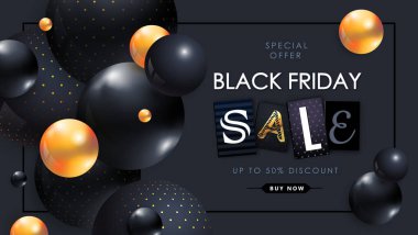 Siyah arka planda 3 boyutlu siyah ve altın küreleri olan Kara Cuma indirimi posterleri. Tipografi posteri. Vektör illüstrasyonu