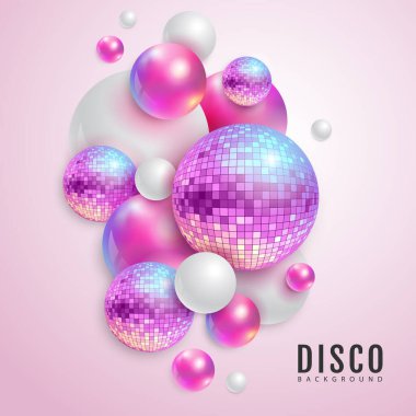 Holografik pembe küreler ve disko küreleri olan üç boyutlu soyut bir arka plan. Disko topu arka planı. Disko partisi posteri. Vektör illüstrasyonu