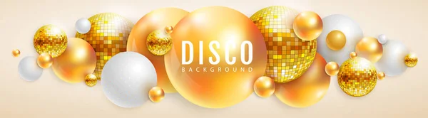 カラフルな黄金の球とディスコボール球と3D抽象的な背景 ディスコボールの背景 ディスコパーティーポスター ベクターイラスト — ストックベクタ