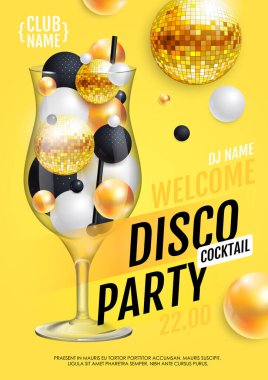 3D soyut küreler ve altın disko topuyla kokteyl disko partisi posteri. Vektör illüstrasyonu