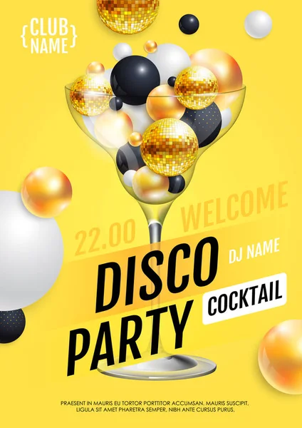 Cocktail Disco Parti Affisch Med Abstrakta Sfärer Och Gyllene Disco — Stock vektor