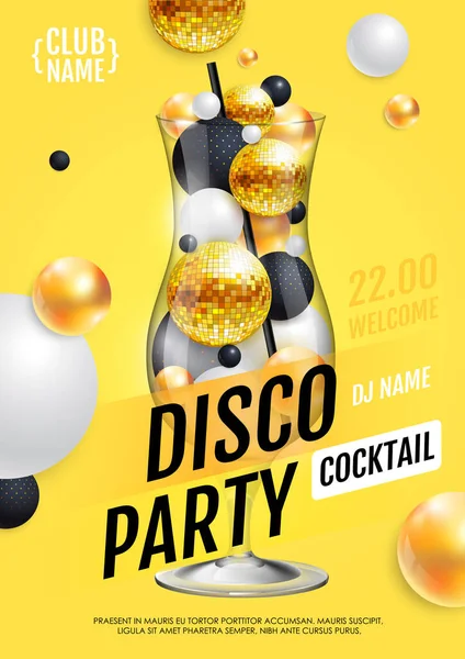 Cocktail Disco Party Poster Abstract Spheres Golden Disco Ball Vector — Stock Vector