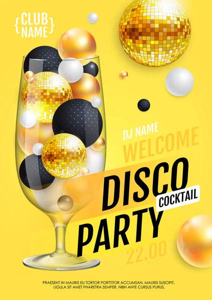 Plakat Dyskoteką Koktajlową Abstrakcyjnymi Kulami Złotą Kulą Disco Ilustracja Wektora — Wektor stockowy