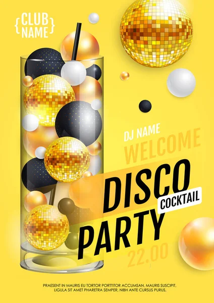 Cocktail Disco Party Poster Con Sfere Astratte Palla Disco Oro — Vettoriale Stock