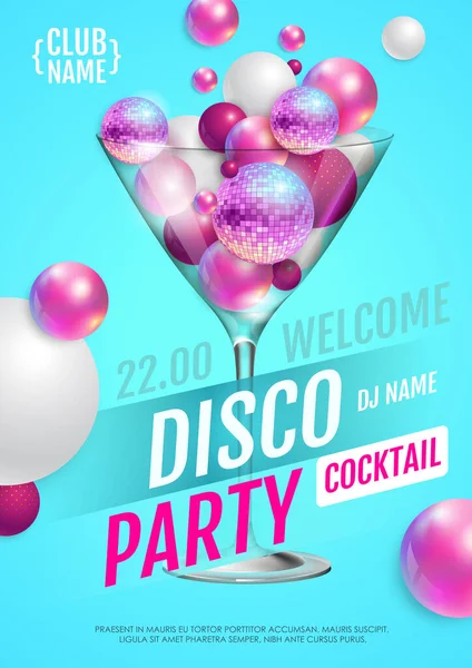 Cocktail Disco Party Poster Abstract Spheres Pink Disco Ball Vector — Stock Vector