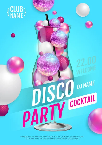 Cocktail Disco Party Poster Con Sfere Astratte Disco Ball Rosa — Vettoriale Stock