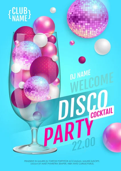 Koktejl Disco Plakát Abstraktními Koulemi Růžovou Disco Koulí Vektorová Ilustrace — Stockový vektor
