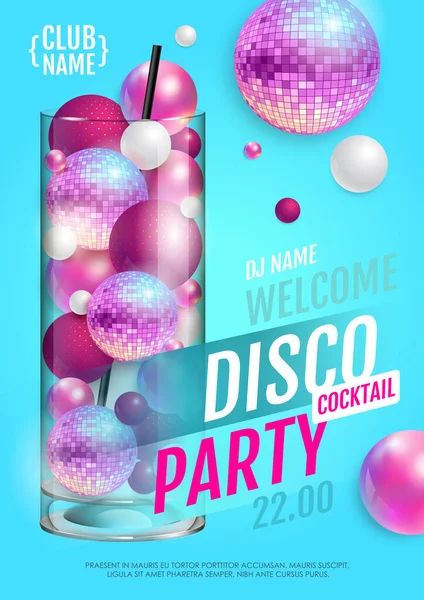 Cocktail Disco Festa Cartaz Com Esferas Abstratas Bola Discoteca Rosa — Vetor de Stock