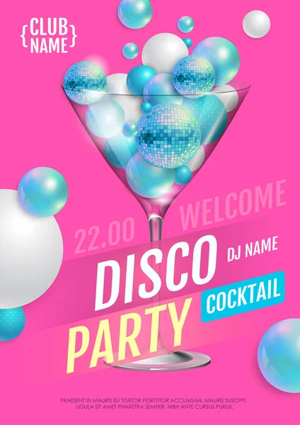 Cocktail Disco Party Poster Con Sfere Astratte Palla Discoteca Blu — Vettoriale Stock
