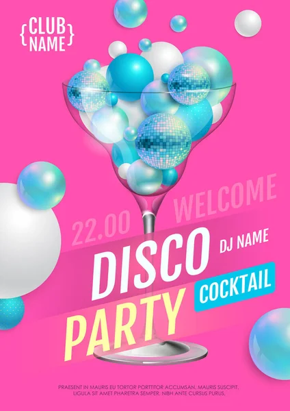 Αφίσα Cocktail Disco Party Τρισδιάστατες Αφηρημένες Σφαίρες Και Μπλε Ντίσκο — Διανυσματικό Αρχείο