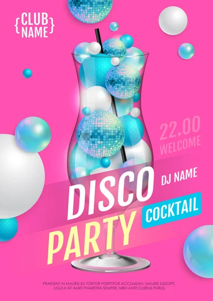 Cocktail Disco Festa Cartaz Com Esferas Abstratas Bola Discoteca Azul — Vetor de Stock