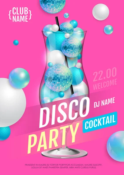 Plakat Dyskoteką Koktajlową Abstrakcyjnymi Kulami Niebieską Kulą Disco Ilustracja Wektora — Wektor stockowy