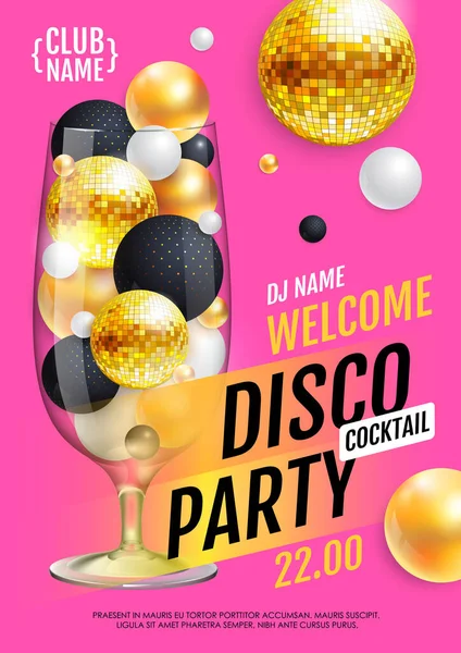 Cocktail Disco Party Poster Con Sfere Astratte Palla Disco Oro — Vettoriale Stock