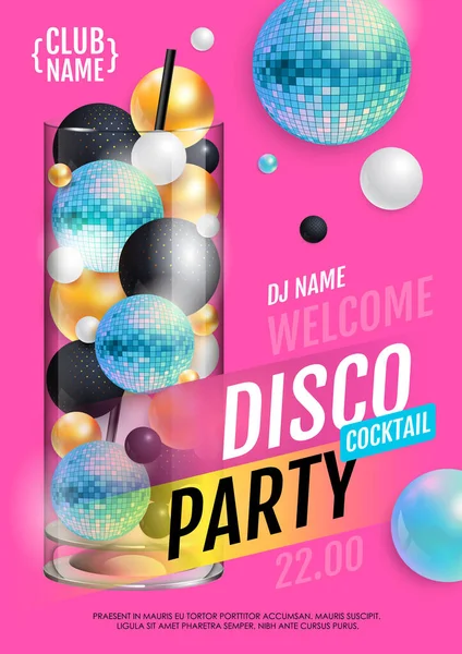 Cocktail Disco Party Poster Abstract Spheres Blue Disco Ball Vector — Stock Vector