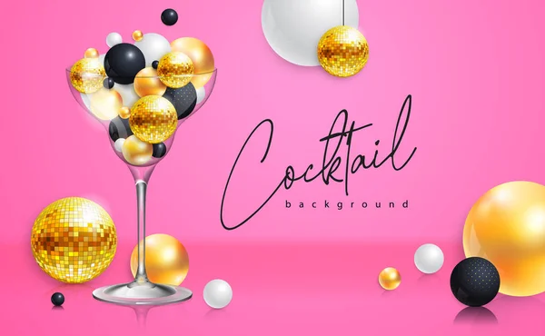 鸡尾酒迪斯科派对海报上有3D个抽象球体和金色迪斯科球 鸡尾酒的背景 矢量说明 — 图库矢量图片