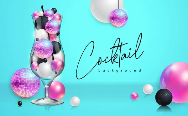 Cocktail Disco Party Poster Mit Abstrakten Kugeln Und Rosa Discokugel — Stockvektor