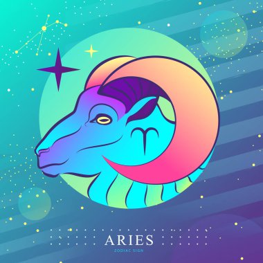 Astroloji burcuyla modern büyü kartı. Koç burcu. Ram ya da mouflon baş logo tasarımı