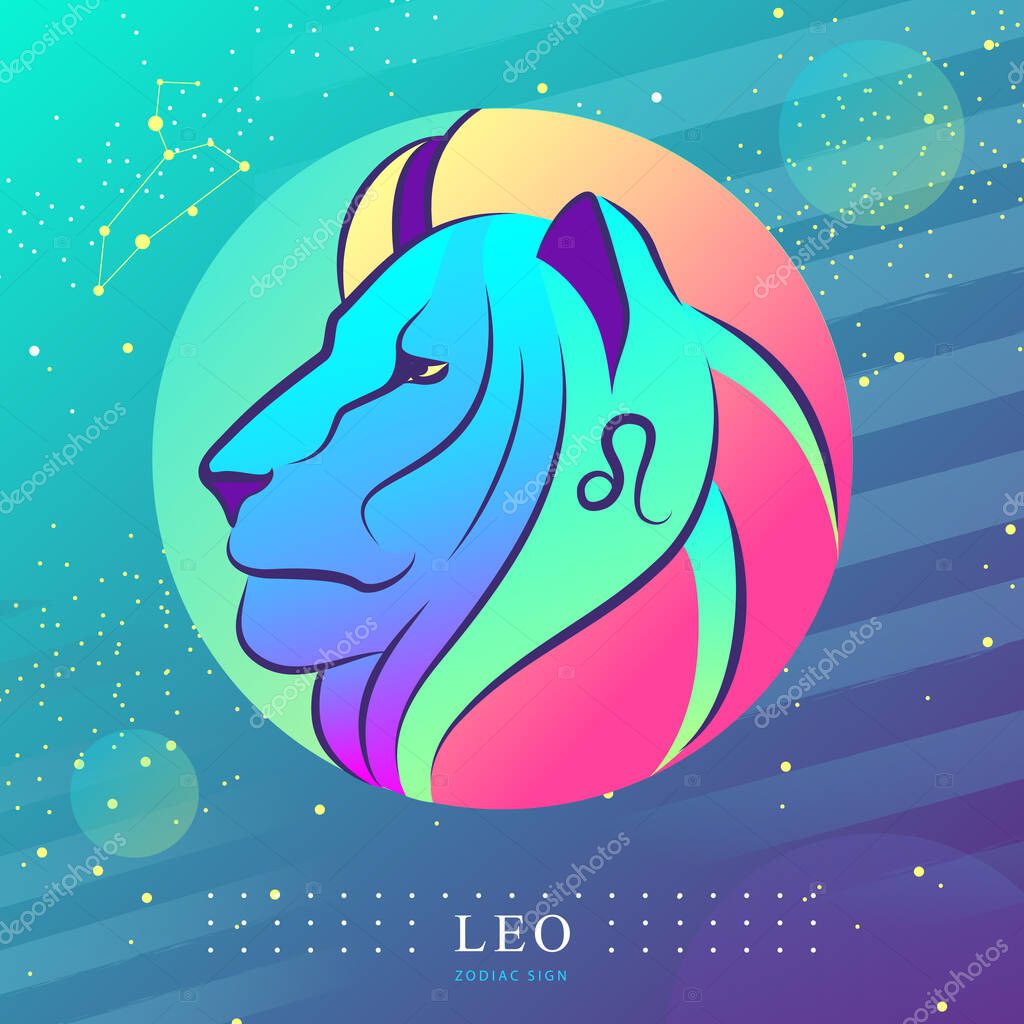 Modern magic witchcraft card with astrology Leo zodiac sign. Lion head logo design