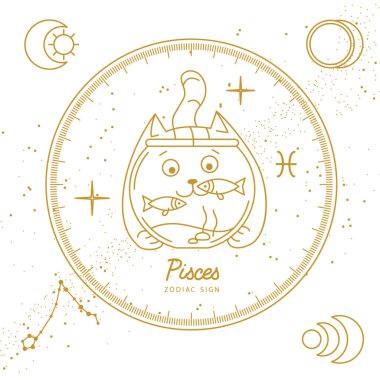 Astrolojili modern büyü kartı. Balık burcunun işareti. Çizgi film burcu. Komik kedi.