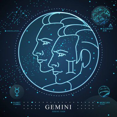 Astroloji burcuyla modern büyü kartı. Gemini burcu. Neon iki kardeş illüstrasyonu. Zodiac karakteristiği