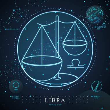 Astroloji burcu Terazi burcuyla modern büyü kartı. Neon pulları çizimi. Zodiac karakteristik
