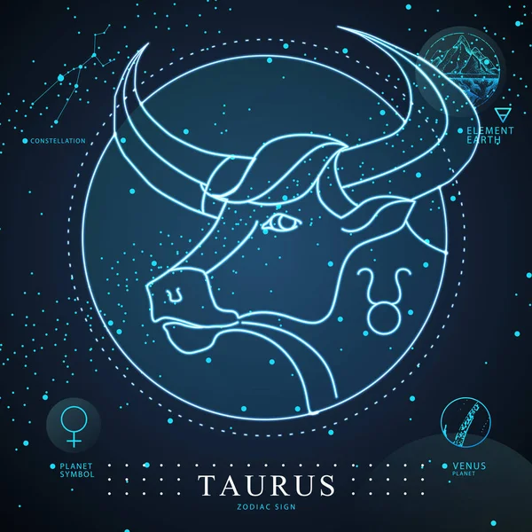 Nowoczesna Magiczna Karta Astrologią Neonowy Znak Zodiaku Taurus Neonowa Głowa — Wektor stockowy