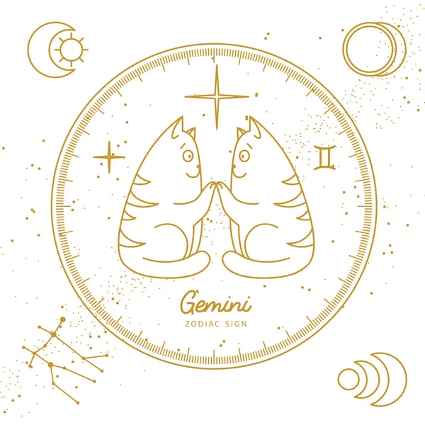 Nowoczesna Magiczna Karta Astrologicznym Znakiem Zodiaku Gemini Kreskówkowy Znak Zodiaku — Wektor stockowy