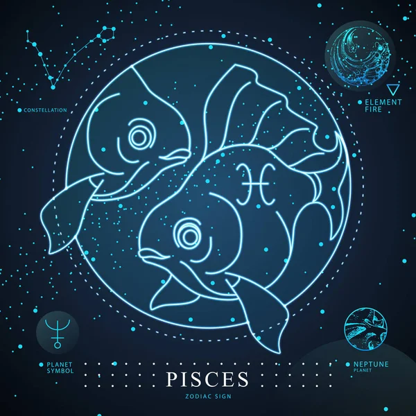 Modern Magic Witchcraft Card Astrology Pisces Neon Zodiac Sign Neon — Stock Vector