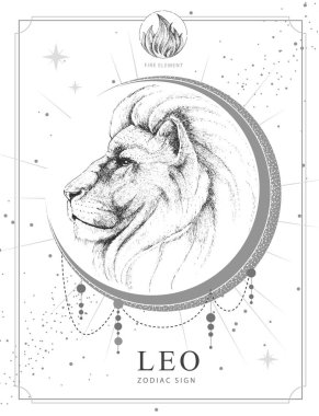 Astroloji Leo burçlu modern büyü kartı. Gerçekçi el çizimi aslan kafası
