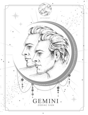 Modern magic witchcraft card with astrology Gemini zodiac sign. Realistic hand drawing men portraits illustration. Zodiac characteristic clipart