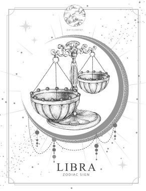 Astroloji burcu Terazi burcuyla modern büyü kartı. Gerçekçi el çizimi gösterimi