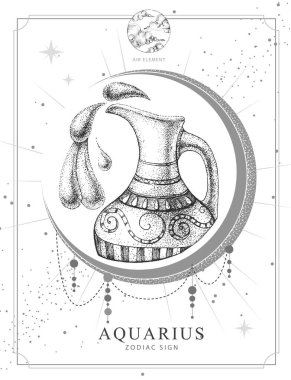 Astroloji burcuyla modern büyü kartı Aquarius Zodiac. Gerçekçi el çizimi su testisi çizimi