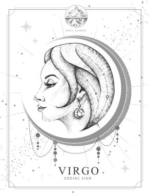 Modern magic witchcraft card with astrology Virgo zodiac sign. Realistic hand drawing woman head clipart