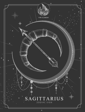 Astroloji burcu yay burcu olan modern büyü kartı. Gerçekçi el çizimi Yay ve ok çizimi