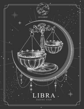Astroloji burcu Terazi burcuyla modern büyü kartı. Gerçekçi el çizimi gösterimi
