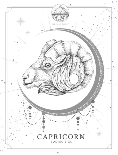 Modern Magic Witchcraft Card Astrology Capricorn Zodiac Sign Realistic Hand — Stock Vector