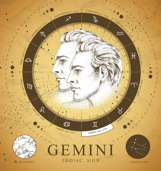 Magiczna Karta Magiczna Astrologicznym Znakiem Zodiaku Gemini Realistyczny Ręka Rysunek — Wektor stockowy