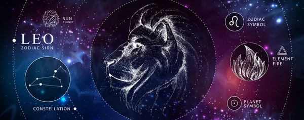 带有占星术狮子座黄道带星座的现代魔法魔卡 现实的手绘狮头 黄道带特征 — 图库矢量图片