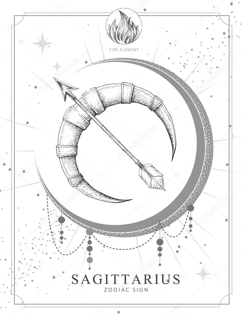 Modern magic witchcraft card with astrology Sagittarius zodiac sign. Realistic hand drawing Bow and arrow illustration