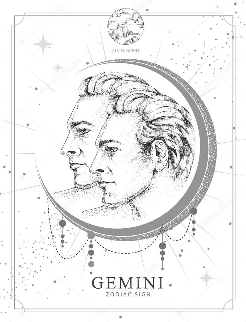 Modern magic witchcraft card with astrology Gemini zodiac sign. Realistic hand drawing men portraits illustration. Zodiac characteristic